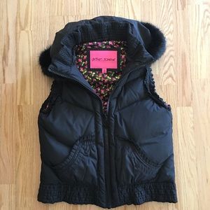 Betsey Johnson black vest, Large, removable hood